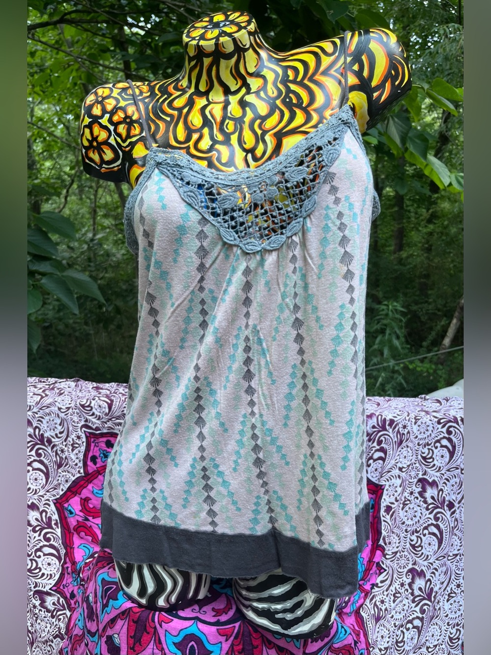 Kimchi Blue Grey Tank with Aqua Geometric Print & Crochet Trim